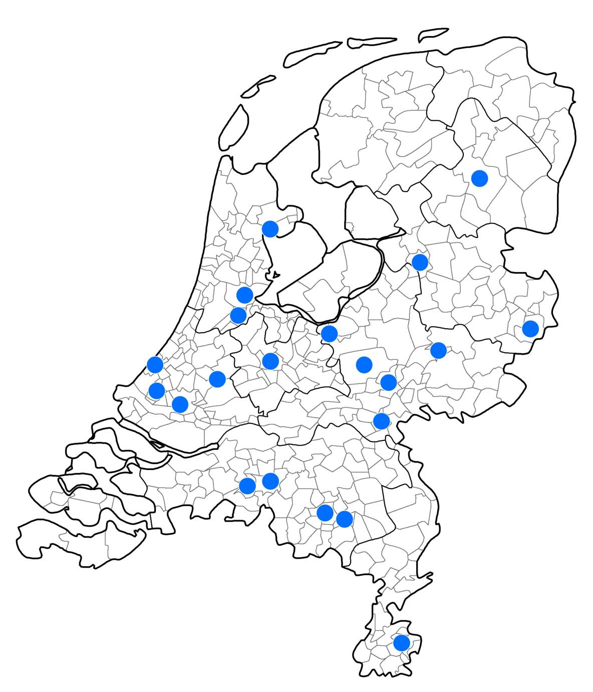 Locaties: Amstelveen, Amsterdam, Arnhem, Ede en Wageningen, Eindhoven-Noord, Enschede, Geldrop, Gilze-Rijen, Midden-Brabant, Midden-Holland, Nijkerk, Nijmegen, Noord-Holland-Noord, Noord- en Midden-Drenthe, Oostelijke mijnstreek, Rotterdam, Scheveningen, Utrecht, West-Brabant, Westland-Schieland-Delfland, Zutphen en Zwolle